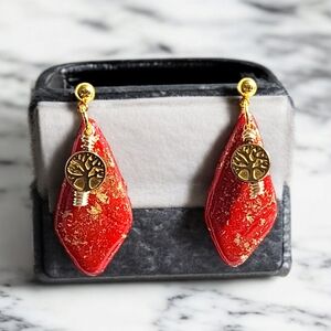Handmade Polymer Clay Red and Gold Earrinfs with Tree of life